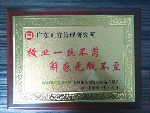 溫嶺市九洲電機(jī)制造有限公司贈與廣州正睿授業(yè)一絲不茍與，解惑無微不至牌匾